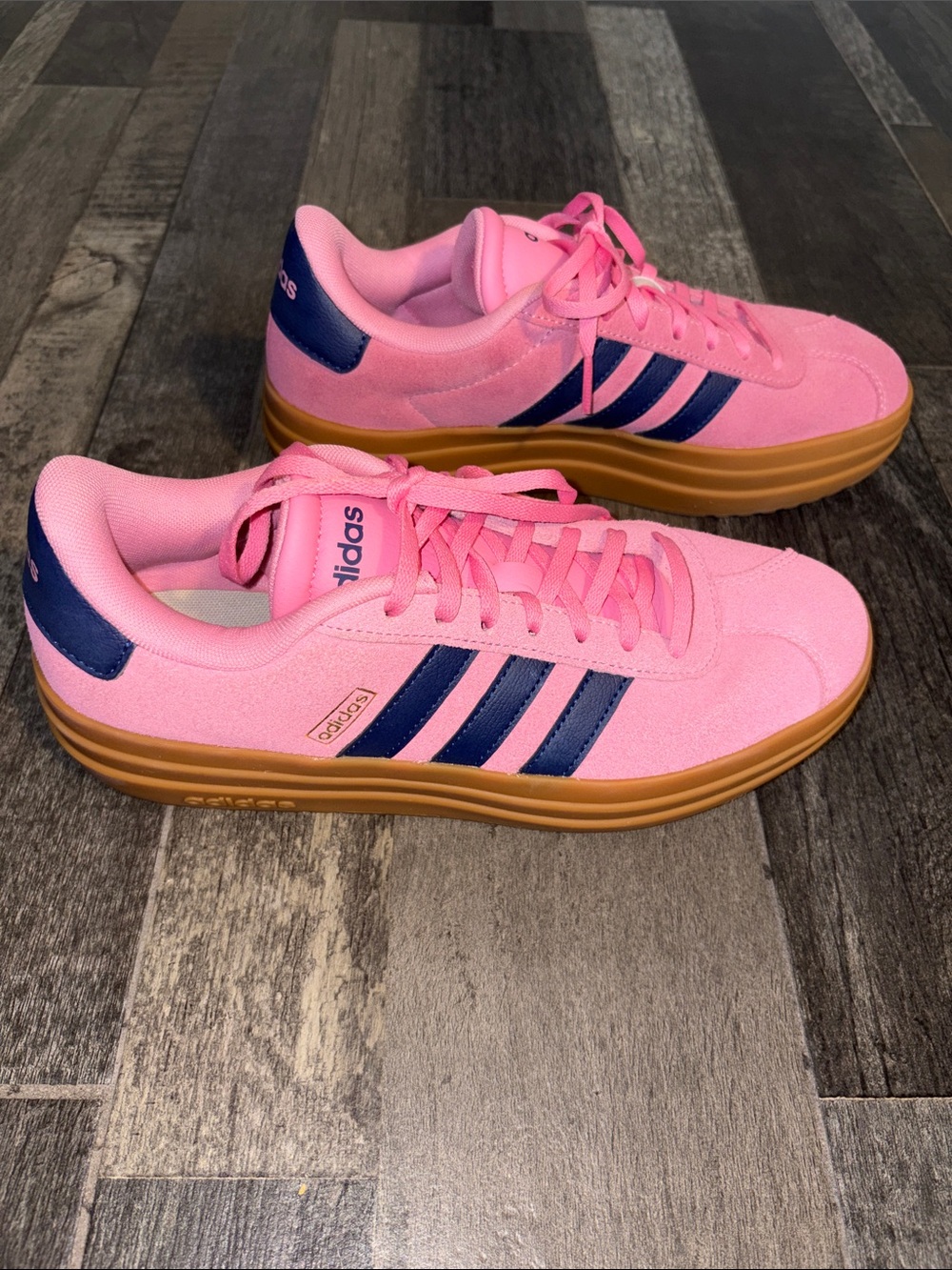 adidas Originals Pink Suede Sneakers with Navy Stripes and Gum Outsole - Picture 6 of 10